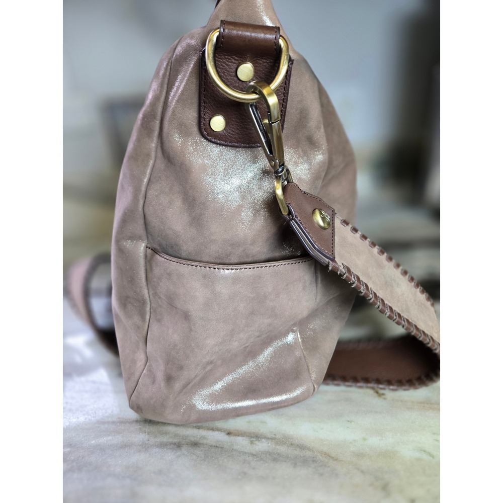 HOBO Taupe Metallic Leather Fringe Satchel Crossbody Velvet Hide Leather Western - Picture 6 of 16